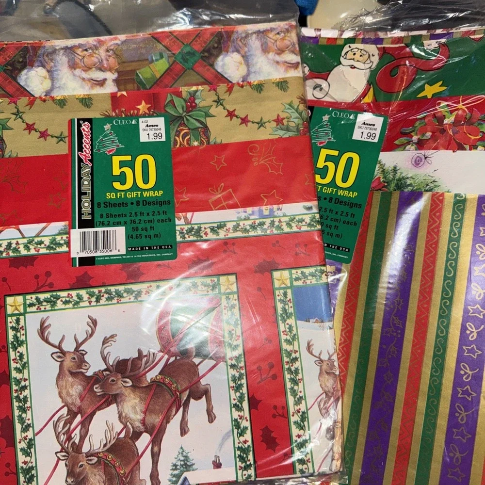 (2) 50sft VTG Cleo Wrapping Paper Christmas 8 Sheets/designs Santa Ornaments NOS